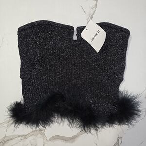 Forever 21 Glittery Black Strapless Top with Feather Hem